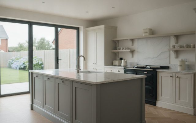 A spacious empty British kitchen in a newly built home, island unit and bi-fold doors to the garden