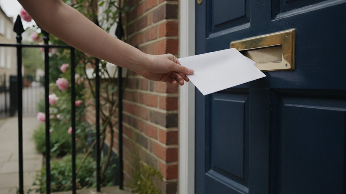 A British front door with a brass letterbox, a hand posting a plain white envelope, red-brick porch