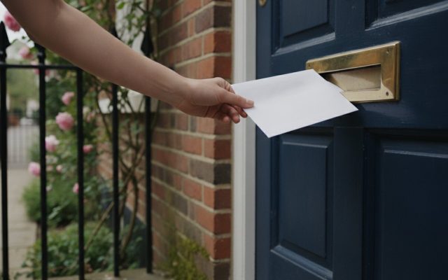 A British front door with a brass letterbox, a hand posting a plain white envelope, red-brick porch