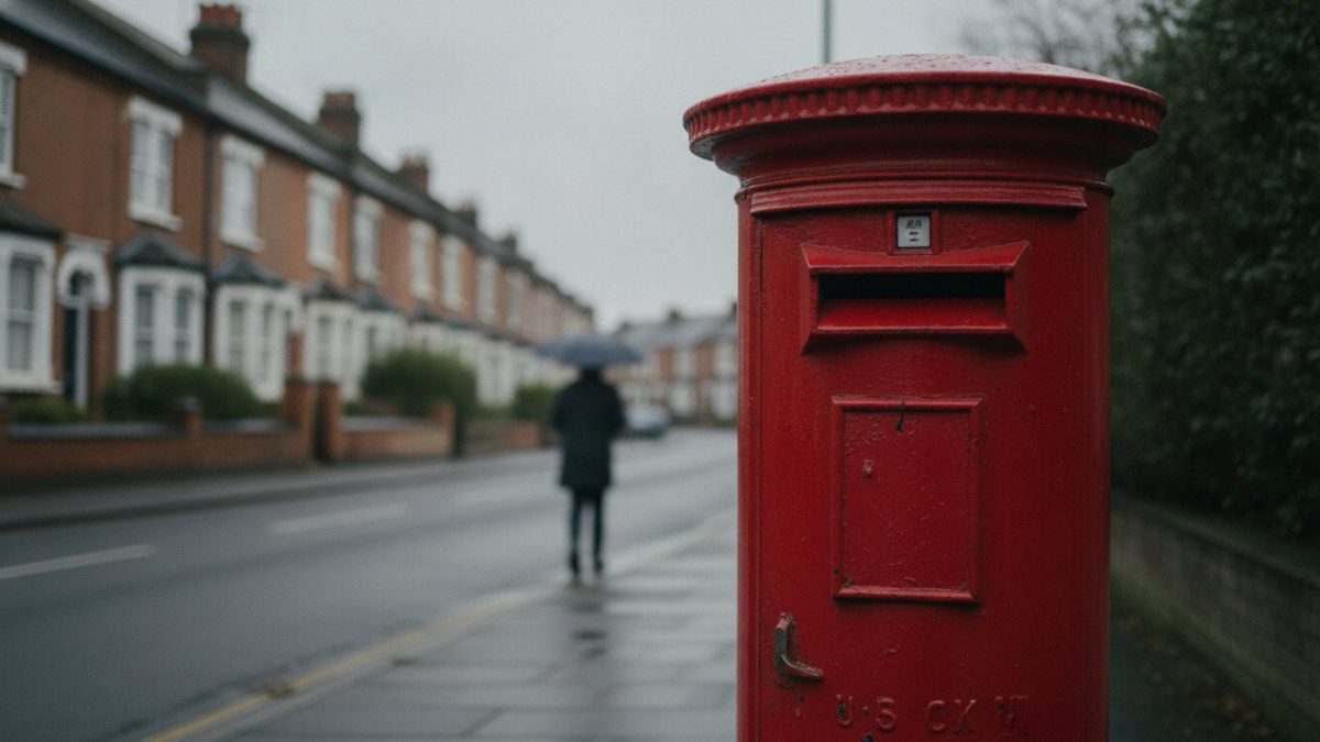 A red British pillar postbox on a suburban street corner with terraced houses behind