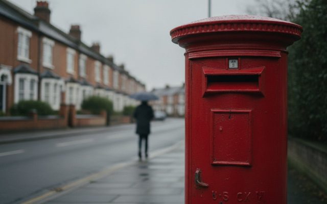 A red British pillar postbox on a suburban street corner with terraced houses behind