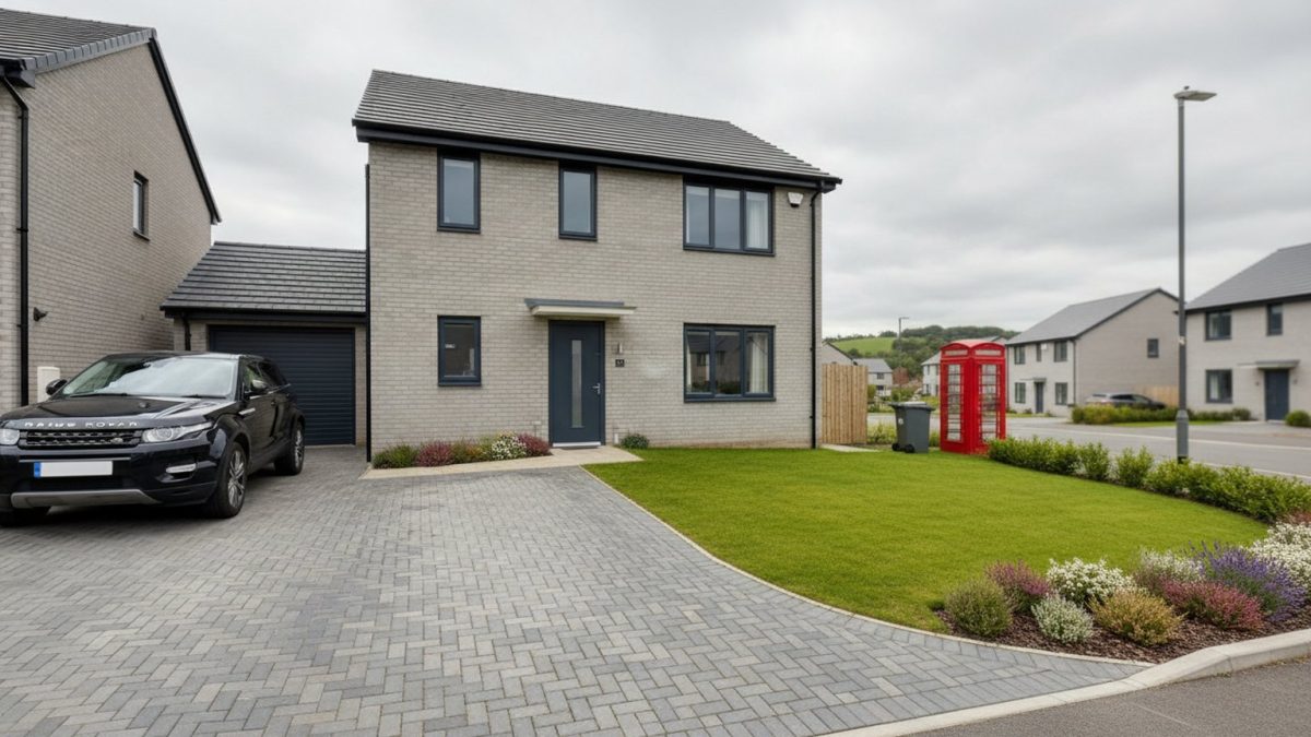 A modern British new-build detached house exterior with a neat lawn, block-paved driveway and integral garage