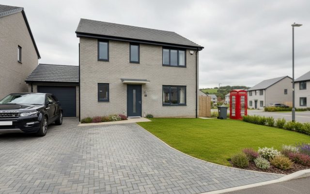 A modern British new-build detached house exterior with a neat lawn, block-paved driveway and integral garage