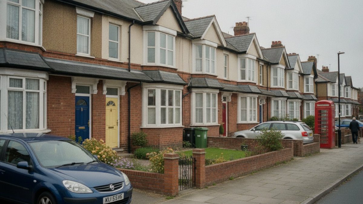 A row of British suburban semi-detached houses with tidy front gardens and painted front doors, grey sky