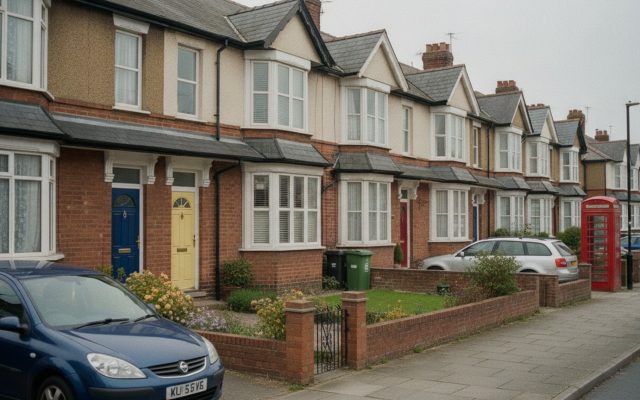 A row of British suburban semi-detached houses with tidy front gardens and painted front doors, grey sky