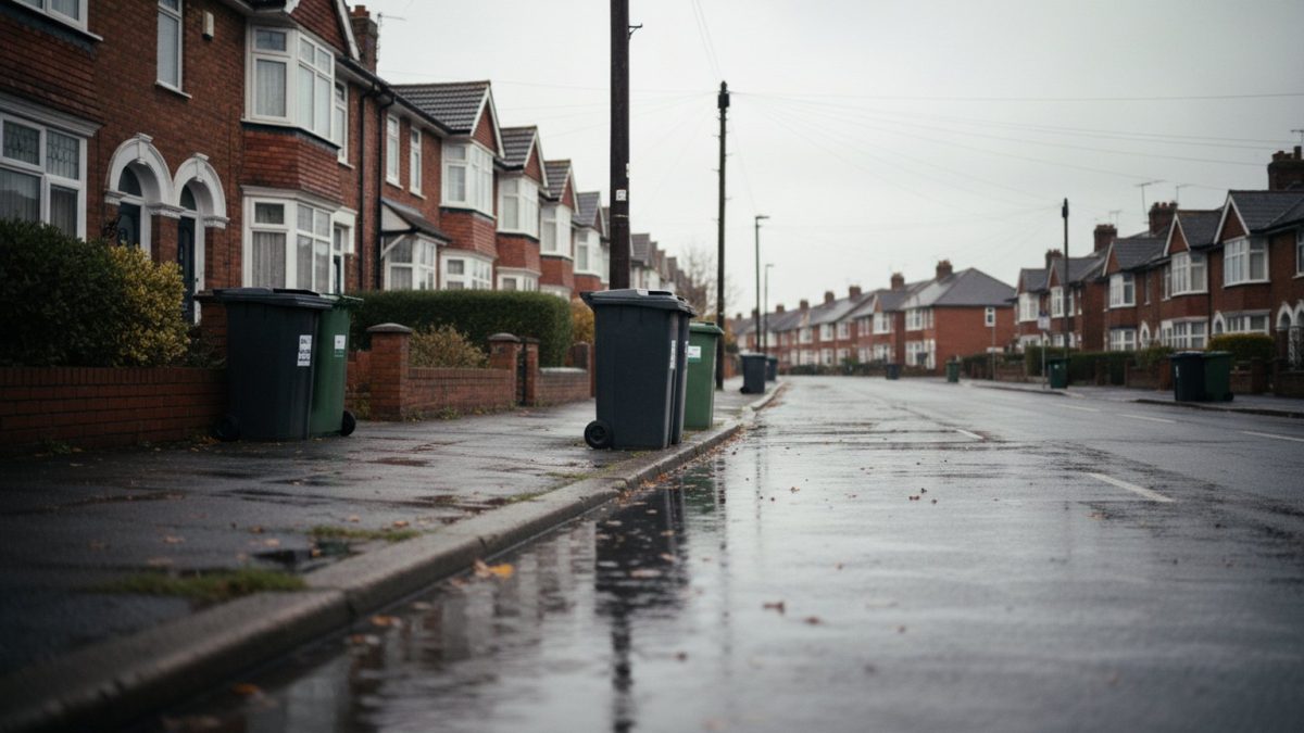 A British suburban street of semi-detached houses seen along the pavement, wheelie bins out, damp road