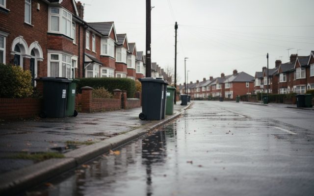 A British suburban street of semi-detached houses seen along the pavement, wheelie bins out, damp road