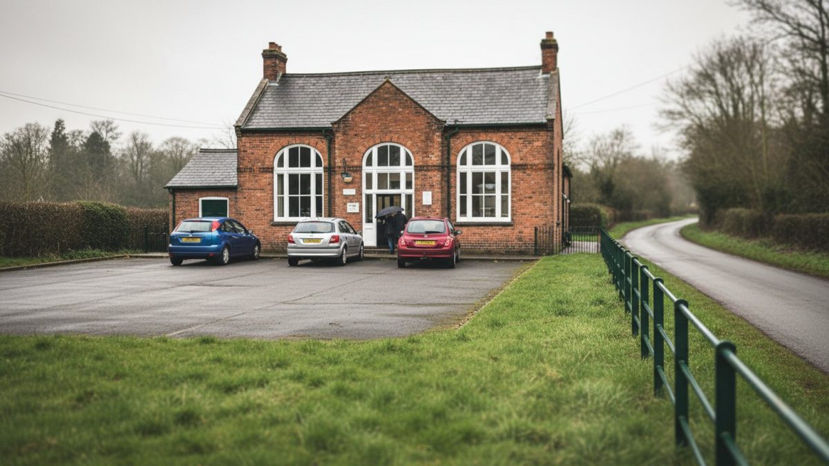 A modest British community centre exterior with a small car park and grass verge