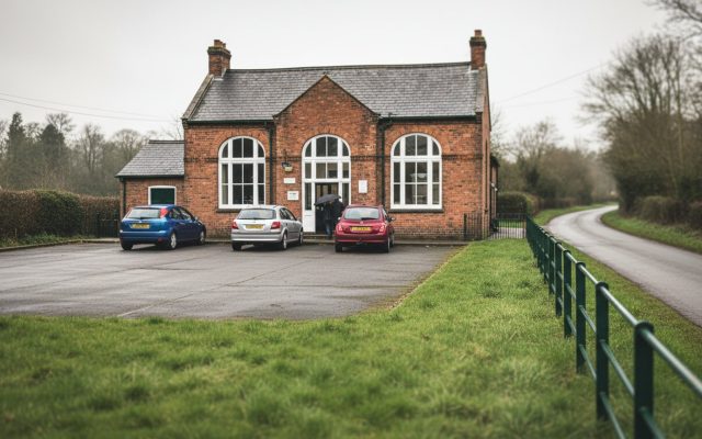 A modest British community centre exterior with a small car park and grass verge