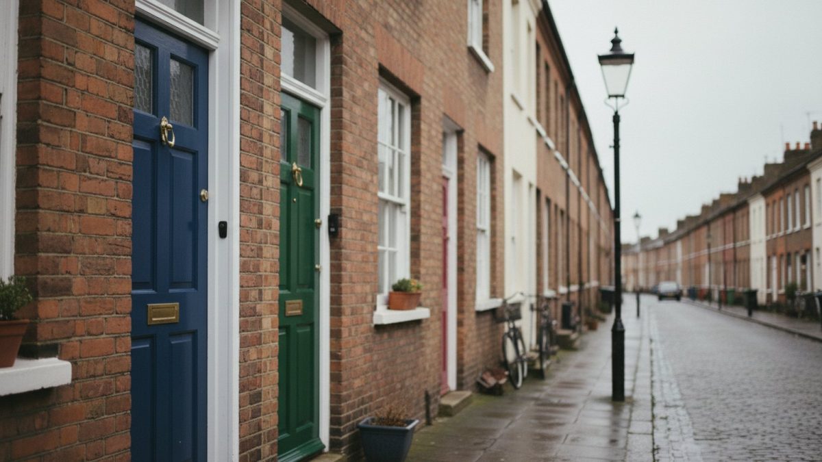 A long row of British terraced house front doors receding down a street