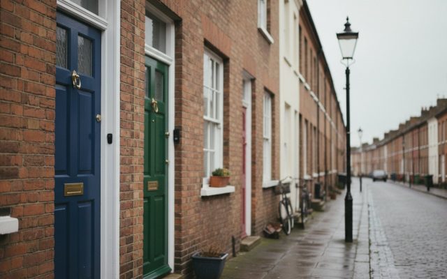 A long row of British terraced house front doors receding down a street