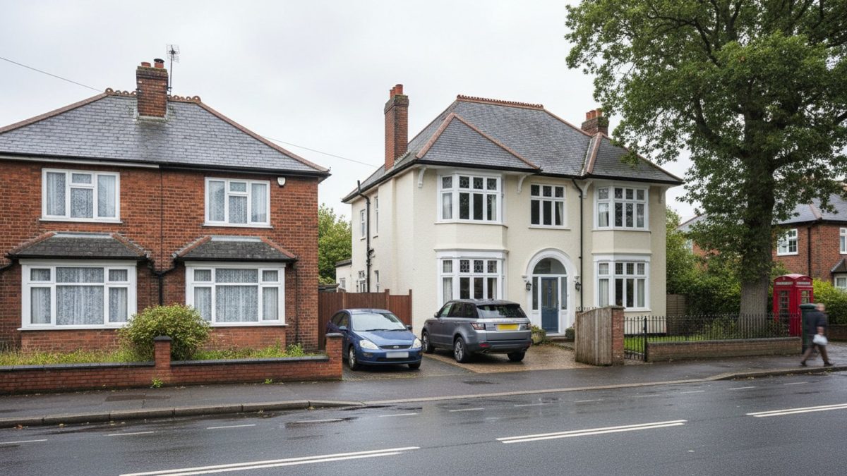 Two contrasting British homes side by side on the same street, a modest brick semi-detached next to a much larger detached house