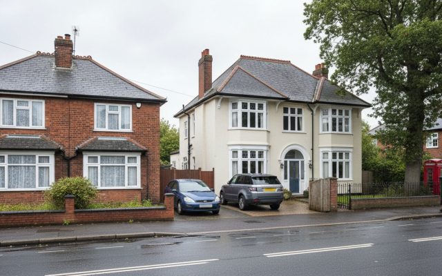 Two contrasting British homes side by side on the same street, a modest brick semi-detached next to a much larger detached house
