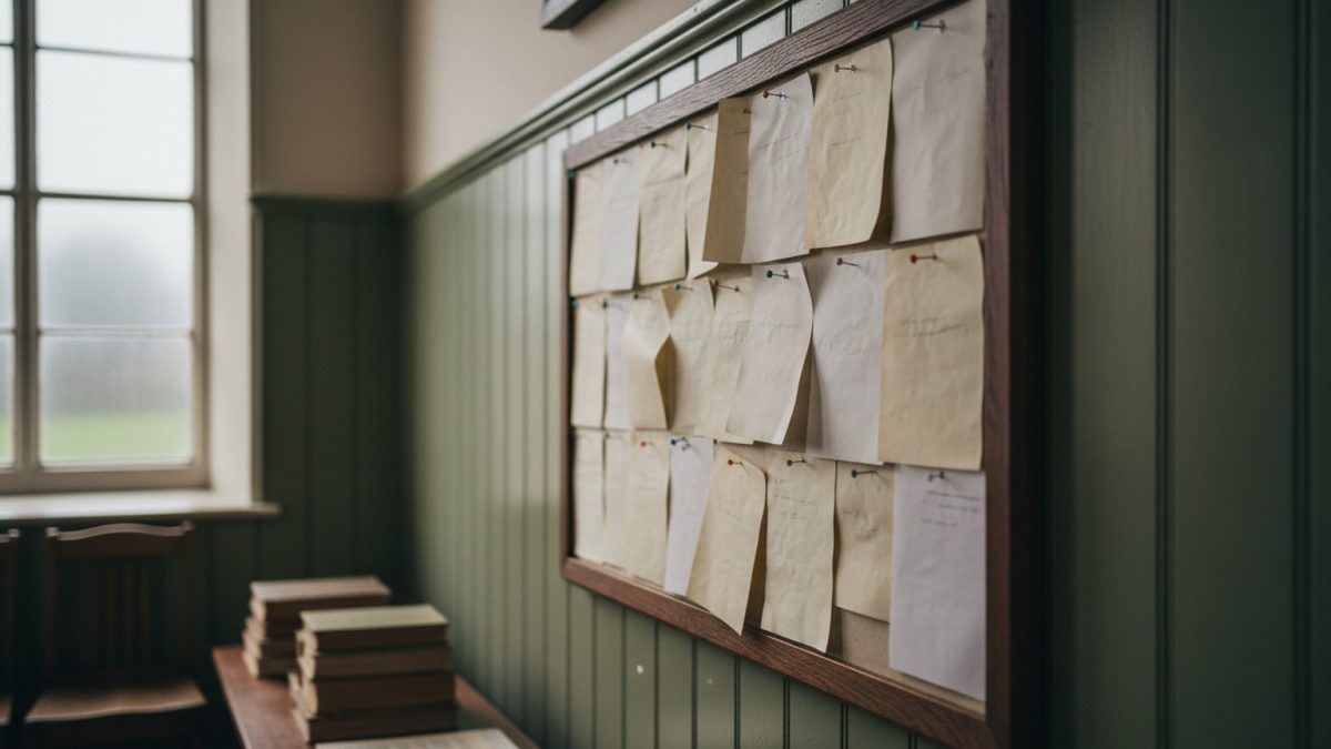 A village hall noticeboard of blank pinned paper sheets on a wooden panelled wall, British interior