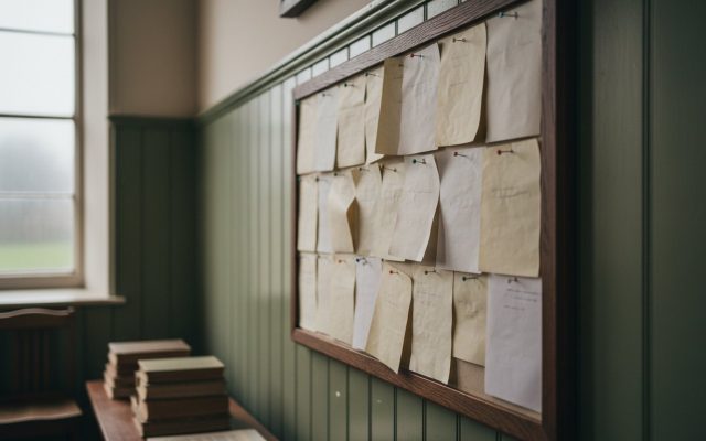 A village hall noticeboard of blank pinned paper sheets on a wooden panelled wall, British interior
