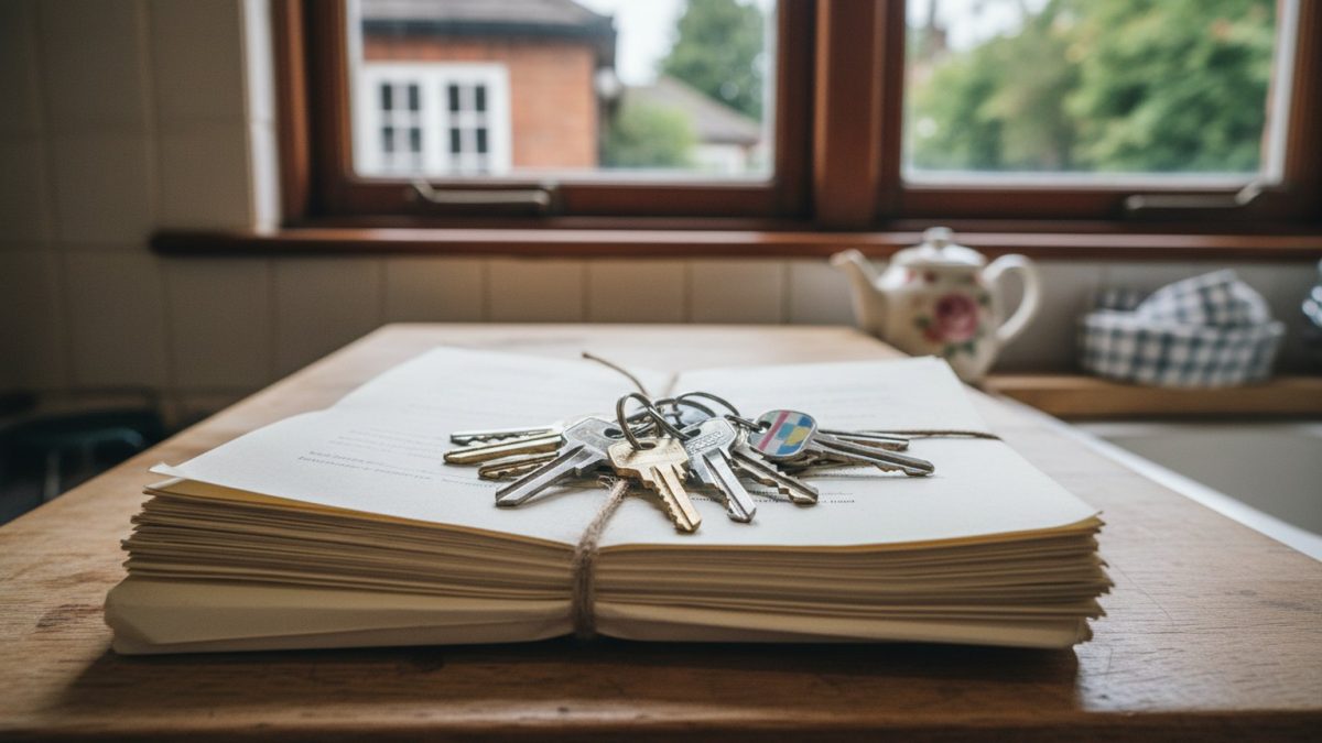 A bunch of house keys resting on a stack of official cream documents on a kitchen worktop in a British home