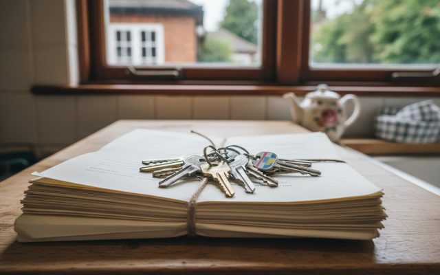 A bunch of house keys resting on a stack of official cream documents on a kitchen worktop in a British home
